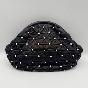 Timmy Woods Beverly Hills Black Leather Pearl Quilted Floral Clutch Crossbody